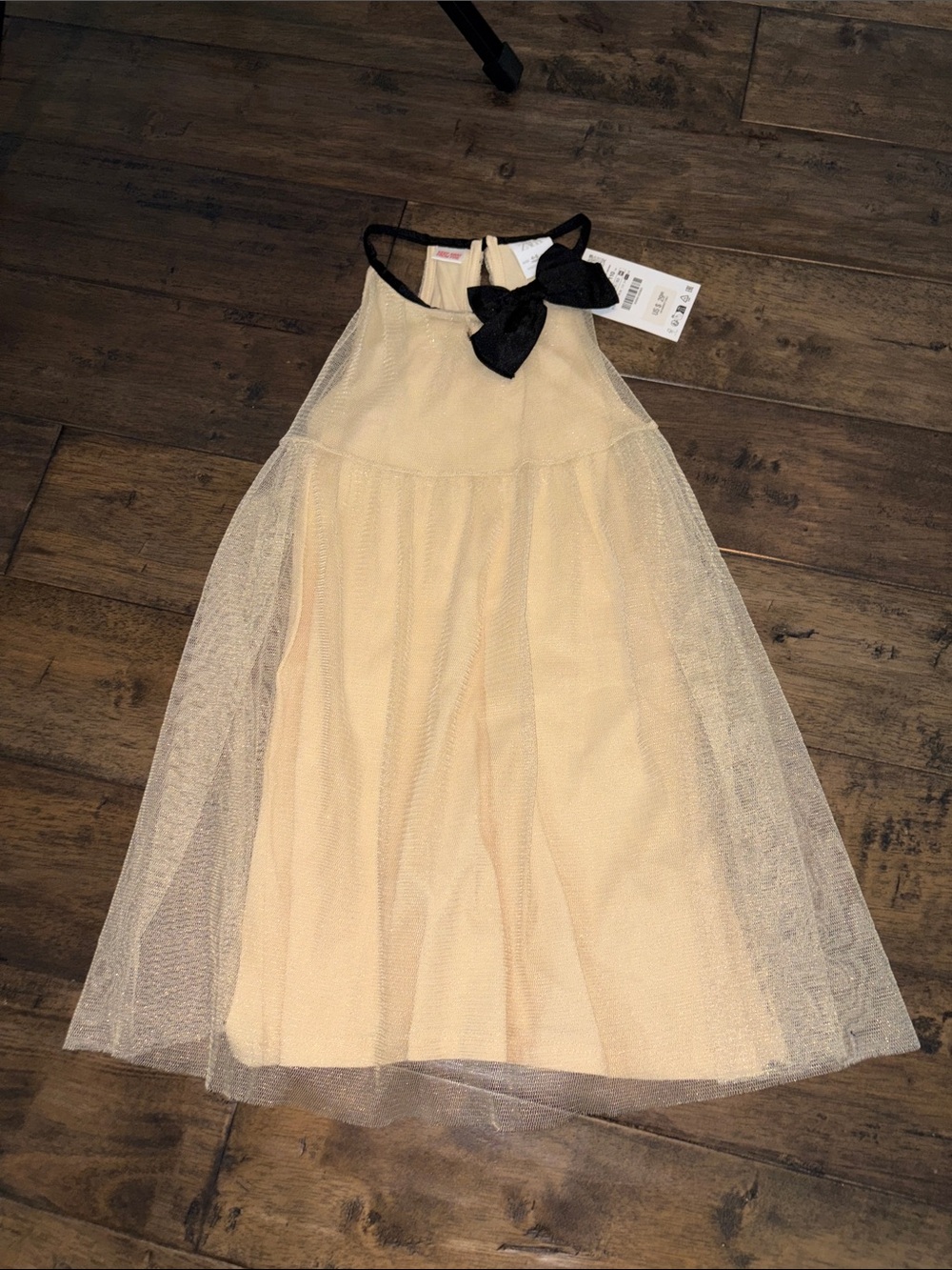 Zara Cream Tulle Dress with Black Bow Accent